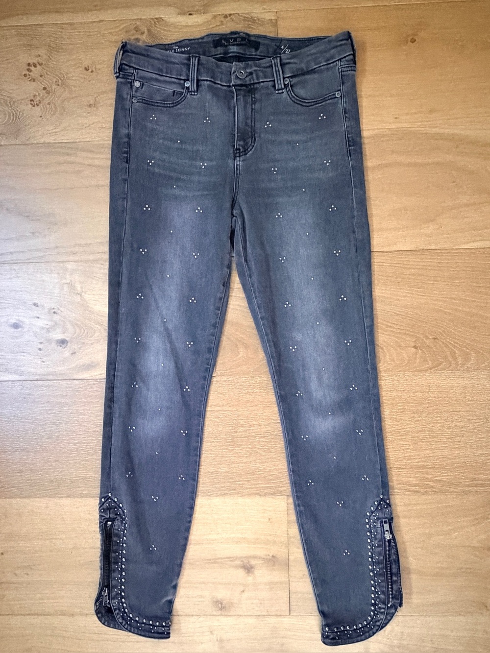 LVPL by Liverpool Studded Ankle Zip Skinny Jeans Gray Washed Premium Denim 4/27